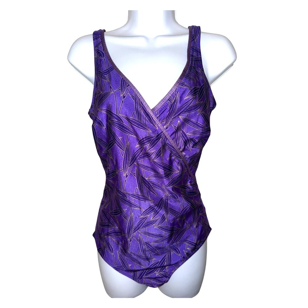 Vtg 80s NWT Gottex One Piece Swimsuit Womens 14 Purple Bamboo Print Built-In Bra